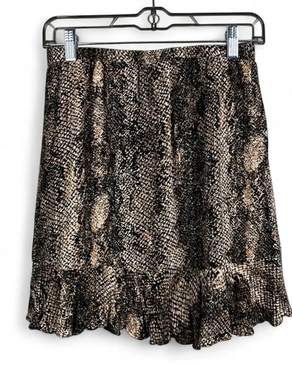 Scully black and beige snake print polyester mini skirt with ruffle hem